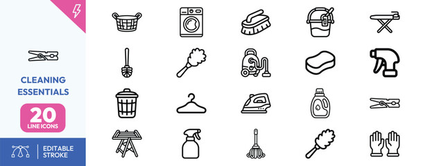 Naklejka premium Household Maintenance Tools icon set. Containing washing machine, laundry basket, scrubbing brush, vacuum er, iron, spray bottle, mop, broom, drying rack. Editable stroke. Vector illustration.