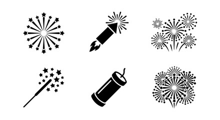 Explosive Fireworks Icons, Celebration Rockets, Sparklers, Firecrackers, Festive Pyrotechnics Vector Set © Mimi