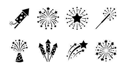 Celebration Fireworks Icons, Festive Pyrotechnics Vector Set, Party Sparklers and Rockets Collection © Mimi