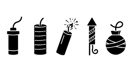 Explosive Firecracker Icons, Festive Celebration Dynamite Vector Set, Party Pyrotechnic Symbols © Aktar