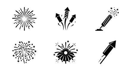 Vector Fireworks Icons Set, Festive Explosions and Rocket Displays, Celebration Graphics © Aktar