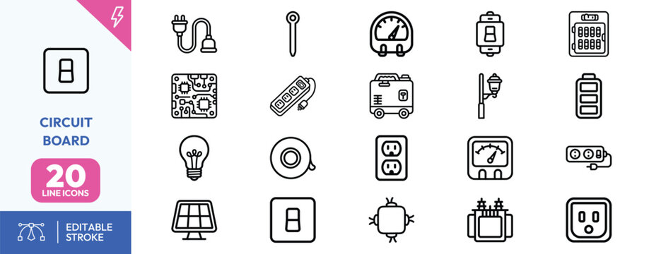 Power Systems icon set. Containing power plug, circuit breaker, voltmeter, transformer, control panel, and electrical meter. Editable stroke. Vector illustration.