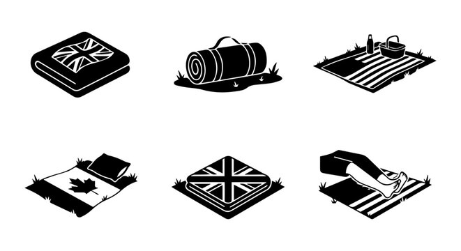 Picnic Blanket Icons Set, Outdoor Camping Gear, Travel Mat Vector Graphics