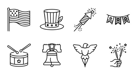 Fototapeta premium American Independence Day Icons: Flag, Uncle Sam Hat, Fireworks, Liberty Bell, Eagle, Drum, Garland