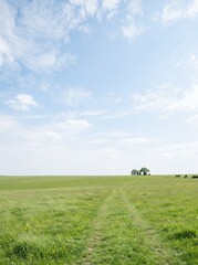 Naklejka premium Vast green meadow under a bright blue sky with scattered clouds and distant farm buildings.