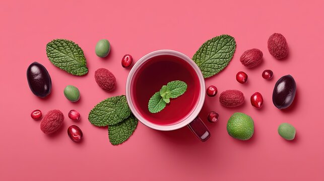 A ceramic cup of red fruit tea garnished with fresh green mint leaves surrounded by scattered berries and herbal leaves