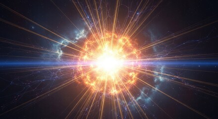 Fototapeta premium A magnificent explosion of celestial light radiates from a central glow, casting golden beams across an ethereal, atmospheric background, rays, light, spiritual