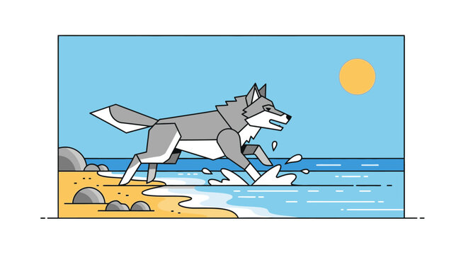 Pixel art wolf running on beach and water