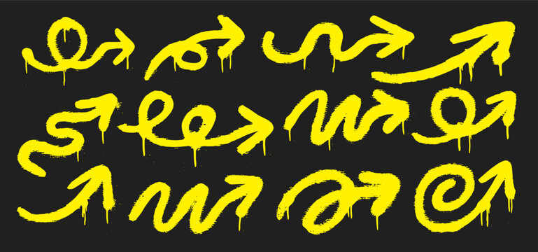 Graffiti spray paint arrow collection featuring grunge brush strokes, drips, and hand drawn street art style. Vector design elements for posters, branding, stickers, and urban graphics