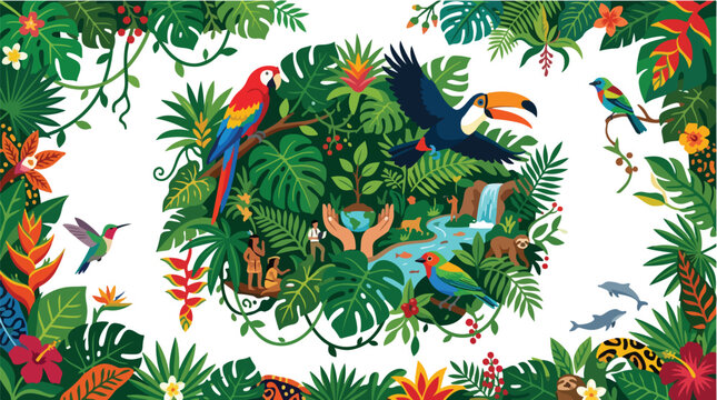 Amazon rainforest ecosystem illustration featuring diverse wildlife like macaws and toucans with lush tropical plants and indigenous people on a sunny day