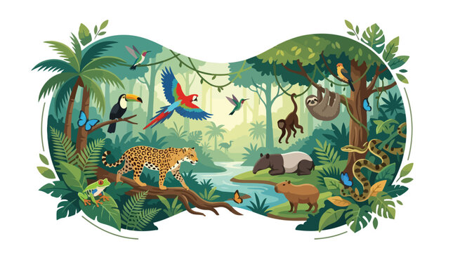 Vibrant Amazon rainforest illustration featuring diverse wildlife like jaguar macaw toucan monkey and sloth in a lush tropical jungle landscape during the day