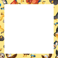 Fototapeta premium Cute Cartoon Bird Frame with Central White Copy Space