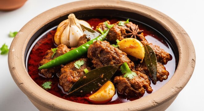 A traditional slow cooked mutton curry served in an authentic clay pot with whole garlic cloves, rich spices, and a rustic oily texture, meal, spice, organic