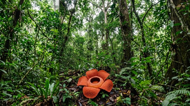 A rare Rafflesia arnoldii flower blooms in a lush Indonesian forest.