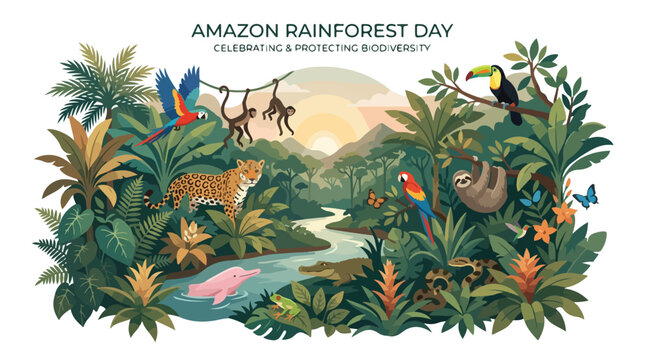 Amazon Rainforest Day vector illustration celebrating biodiversity with tropical animals like jaguar monkey macaw sloth and pink dolphin in a lush jungle landscape
