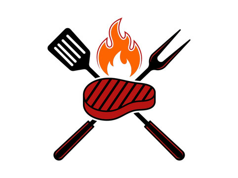 BBQ Grill Logo Featuring Grilled Steak, Crossed Spatula, Fork, and Flame Vector Illustration