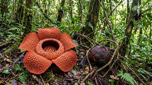Rare Rafflesia arnoldii Indonesian flower blooms in dense jungle