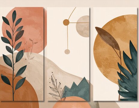 Minimalist boho triptych wall art set with abstract geometric shapes and tropical botanical leaves