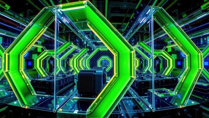 Fototapeta premium Hexagonal mirrors create infinite reflections. Bright neon green lights illuminate dark space, forming tunnel illusion. Futuristic design.