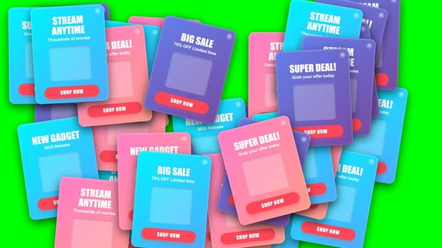 Dynamic Falling Colorful Promotional Sales Cards Vouchers Flat Design 2D Animation Motion Graphics Green Screen Chroma Key Overlay Marketing Advertisement
