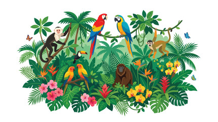 Naklejka premium Tropical Amazon rainforest wildlife illustration featuring monkeys macaws parrots and toucan among lush jungle plants exotic flowers and palm trees on a white background