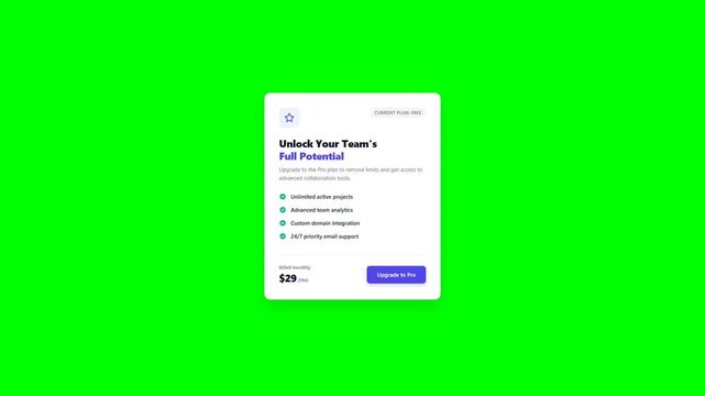 Subscription Plan Pricing Card Animation Modern UI UX Flat Motion Graphics Design Chroma Key Green Screen Background for Business Marketing and Web Interface