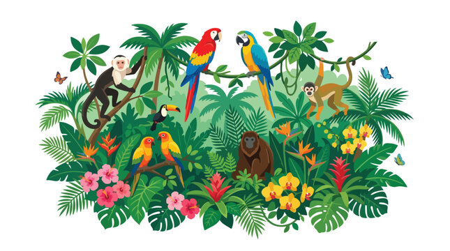 Tropical Amazon rainforest wildlife illustration featuring monkeys macaws parrots and toucan among lush jungle plants exotic flowers and palm trees on a white background