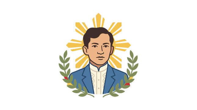 Jose Rizal Portrait Illustration with Sun and Laurel Wreath