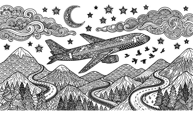 Fantasy Zendoodle Airplane Over Scenic Mountains Decorative Banner Coloring Book Vector Line Art
