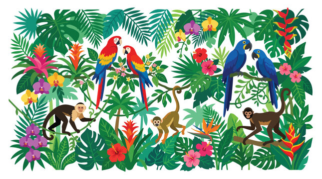 Tropical rainforest wildlife illustration featuring colorful macaws monkeys and exotic flowers in a lush Amazon jungle setting during a bright day