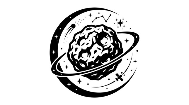Cosmic Asteroid with Ring, Stars, and Satellite - Space Exploration Vector Icon