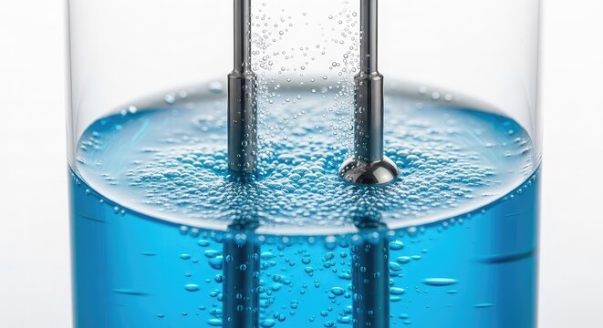 Close-up view of an electrolysis cell with metal electrodes submerged in liquid, generating rising gas bubbles for green hydrogen energy research, bubbles, electricity, science