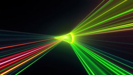 Fototapeta premium Bright streaks radiate from central point. Vivid colors create tunnel effect against black background. Dynamic, energetic composition.