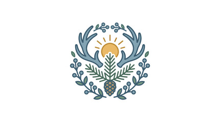 Obraz premium Whimsical Nature Emblem: Antlers, Pinecone, Sun, and Berries - Rustic Emblem