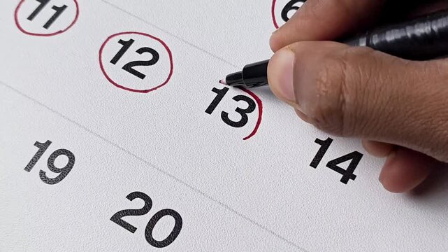 Close up of hand planning and marking the 13th date on a calendar