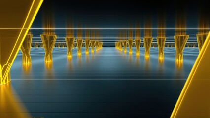 Fototapeta premium Futuristic corridor. Glowing yellow lines create geometric shapes, illuminating dark blue floor. Perspective emphasizes depth, symmetry.