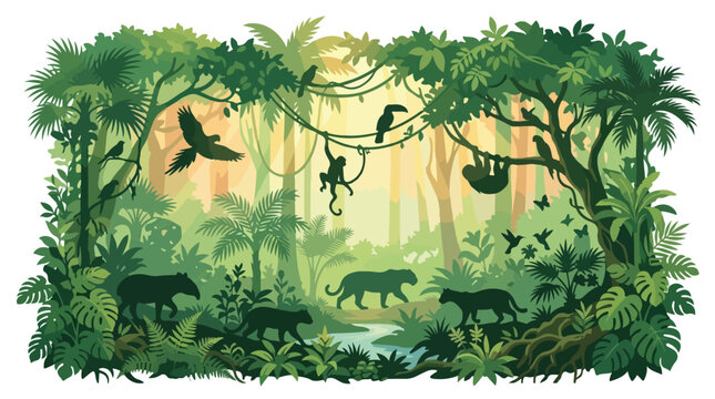 Tropical Amazon rainforest landscape with wild animal silhouettes including jaguar monkey toucan and parrot in a lush green jungle during the bright day