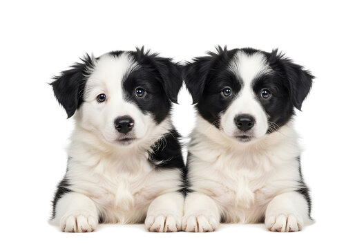 Two adorable black and white border collie puppies sitting together on white background, cute dog duo, playful pet portrait,