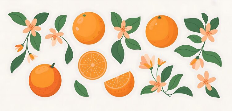 Orange fruit botanical border featuring fresh citrus fruits, green leaves and blossoms in clean flat vector style.