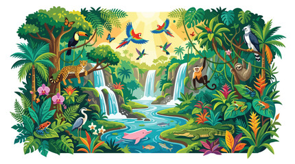 Fototapeta premium Colorful vector illustration of the Amazon rainforest during the day featuring diverse wildlife like a jaguar toucan macaw monkey sloth and pink river dolphin