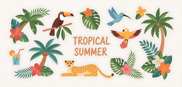 Colorful tropical summer banner featuring palm trees, tropical plants, exotic birds and wild animals in modern flat vector style.