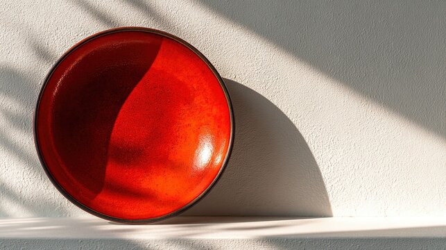 Vibrant red ceramic bowl sits on a white shelf against a textured wall with sharp shadows cast by window light