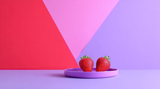 Two fresh ripe red strawberries resting on a round purple plate against a geometric red pink and violet background