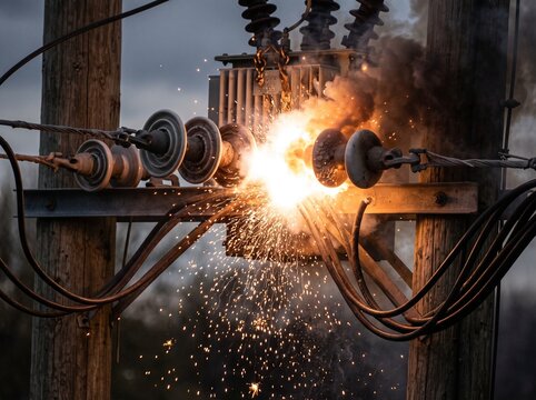 An electrical transformer exploding with sparks and fire on a utility pole. The damage to the equipment is extensive and suggests a dangerous malfunction