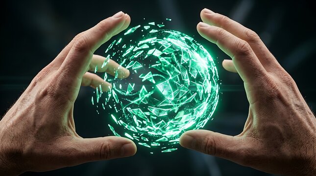 Human hands holding glowing green digital sphere made of fragmented light shards floating between palms in dark empty space.