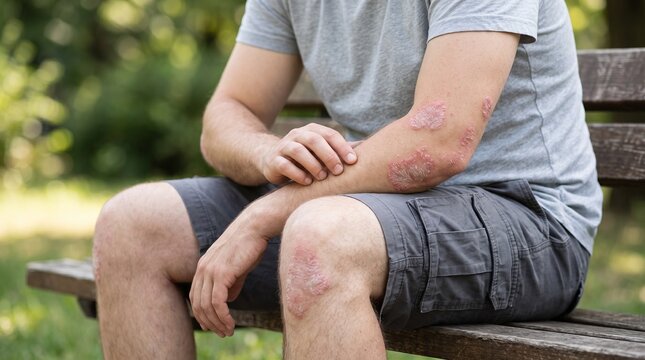 Close-up of a man sitting on a park bench, showing visible skin irritation on his arm and knee. The man is wearing a grey t-shirt and dark shorts.