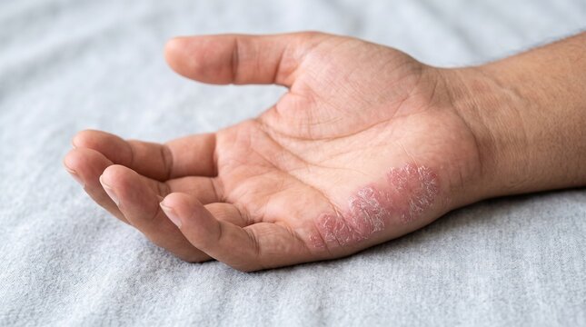 Close-up view of a human hand showing signs of skin irritation and dryness, possibly a rash or eczema, on the palm and wrist