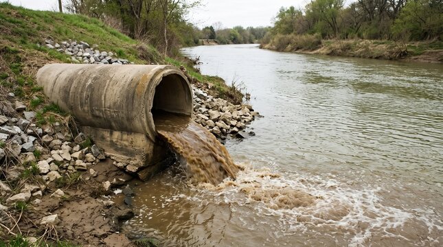 A large concrete pipe discharging murky water into a river, polluting the environment. The pipe is situated on a muddy bank lined with rocks and vegetation