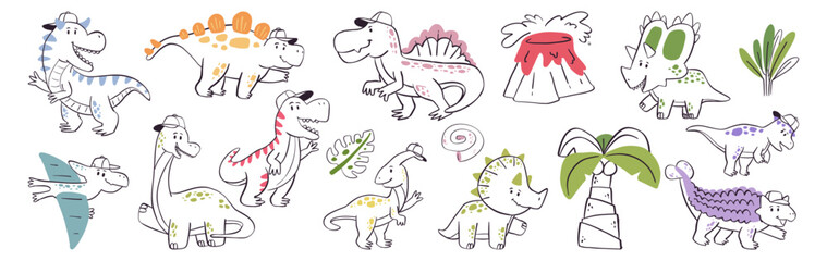 Cute dinosaur doodle set, vector hand drawn childish scribble illustration stickers for kids nursery decor © ozy