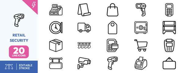 Store security tools icon set. Containing handheld scanner, cash register, shopping bag, security camera, barcode scanner, safe, delivery truck, price tag. Editable stroke. Vector illustration. © Deezora